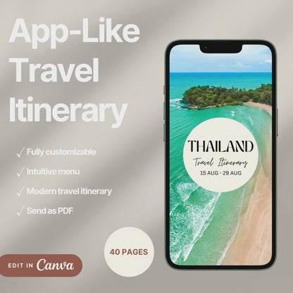 A digital travel itinerary showcased on a smartphone, displaying various interactive pages like daily schedules, packing lists, and destination guides.